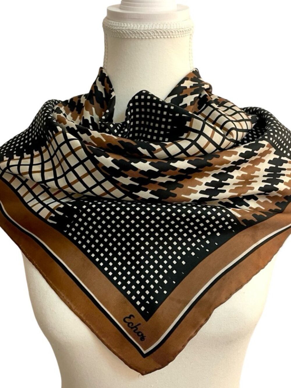 Echo Geometric Patchwork Square Scarf Brown Black Cream 27x27 Retro Chic